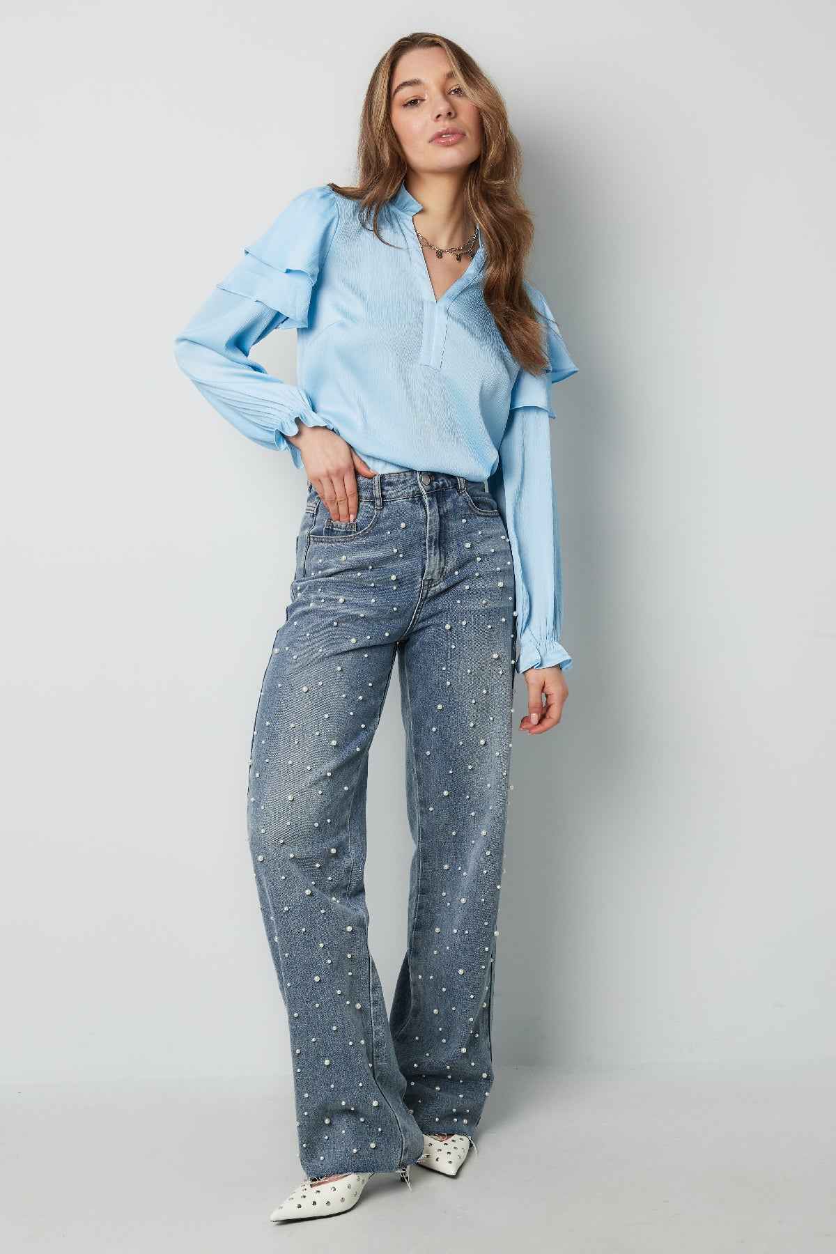 Polyester Vrouwen Lange Mouw Top Met Plooien V-Hals