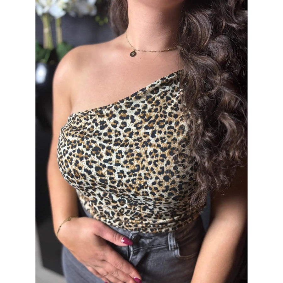 ONE SHOULDER PANTERPRINT BODYSUITE - BRUIN - Five Twenty Eight