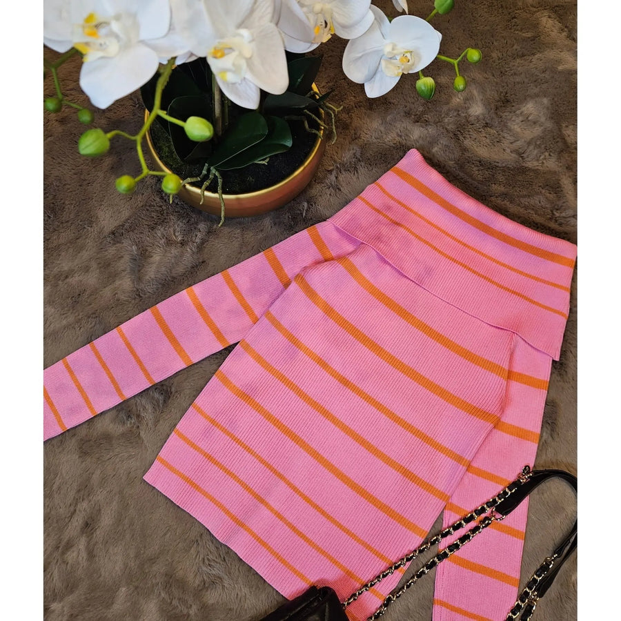 OFF SHOULDER TOP GESTREEPT - ROZE-ORANJE - Five Twenty Eight