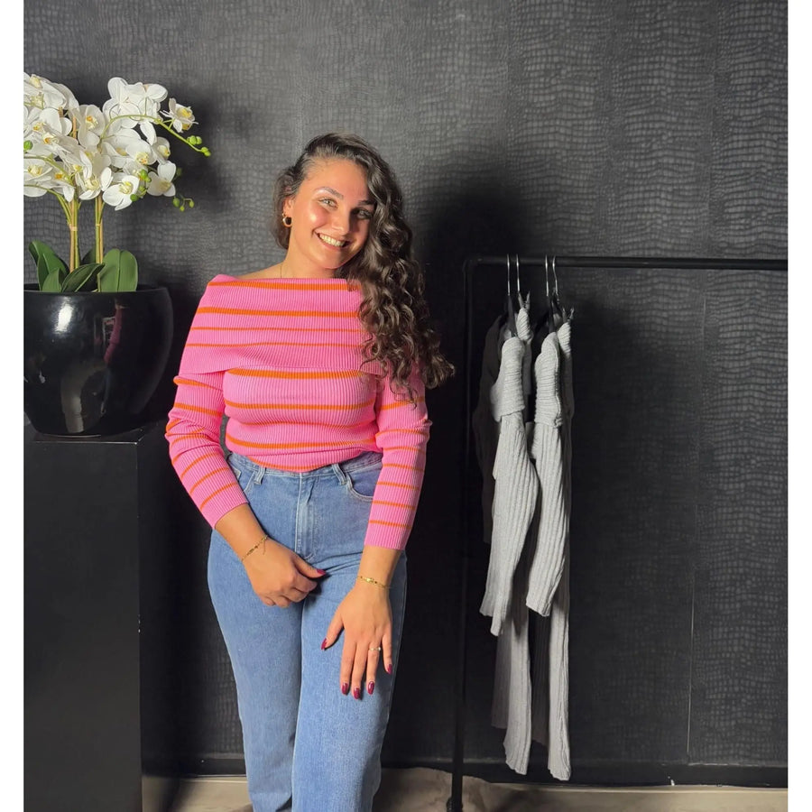 OFF SHOULDER TOP GESTREEPT - ROZE-ORANJE - Five Twenty Eight